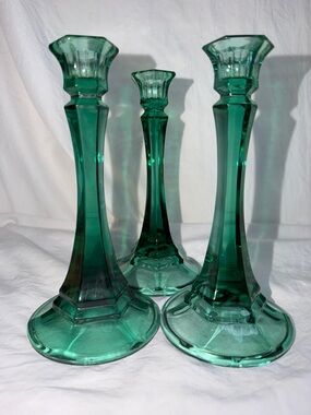 Vintage Teal Green Glass Taper Candlestick Holders - set of 3  (7.5")